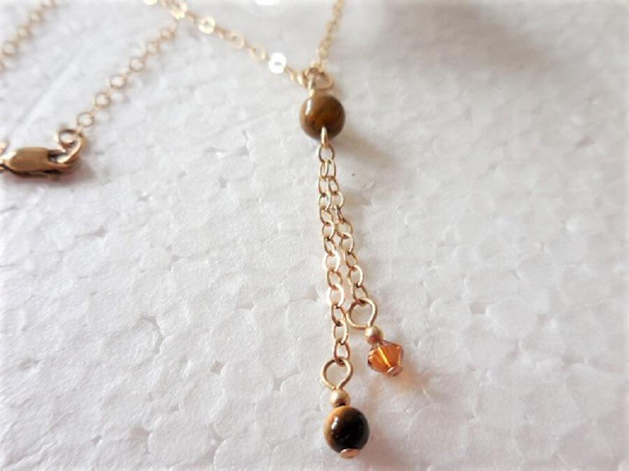 Gold Chain Necklace with Crystal and Tiger Eye Drop