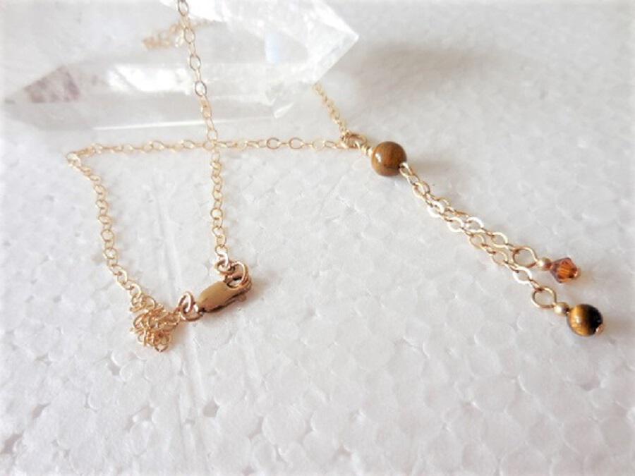 Gold Chain Necklace with Crystal and Tiger Eye Drop