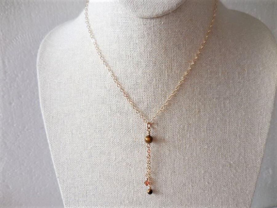 Gold Chain Necklace with Crystal and Tiger Eye Drop