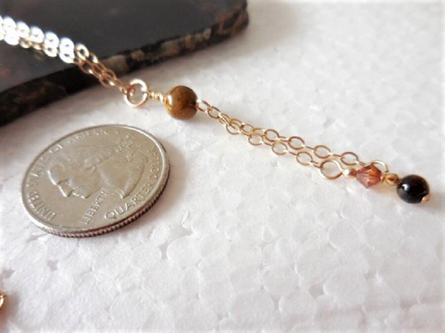 Gold Chain Necklace with Crystal and Tiger Eye Drop