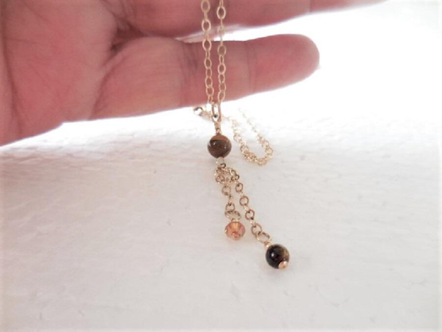 Gold Chain Necklace with Crystal and Tiger Eye Drop