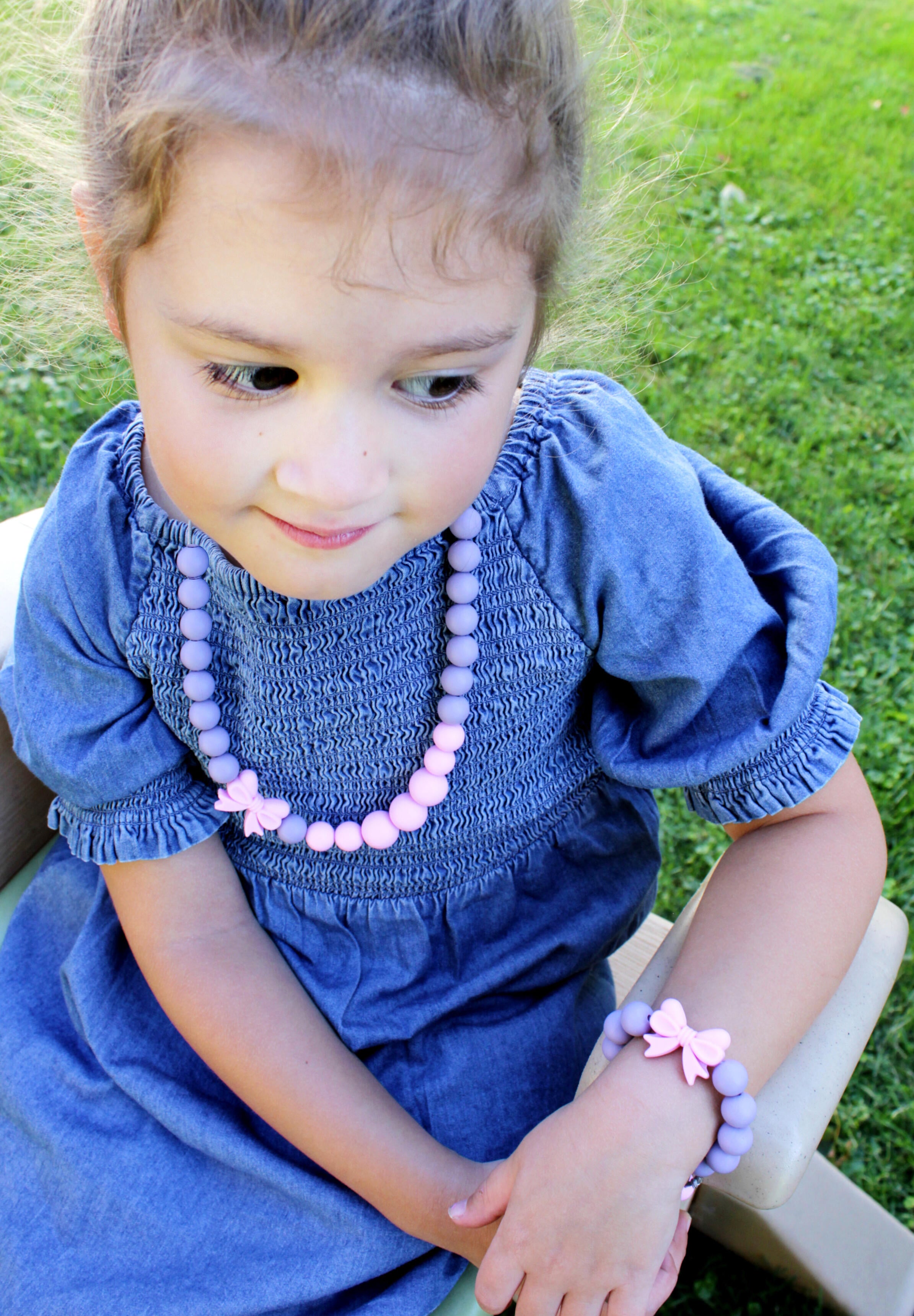 Kids Bow Necklace and Bracelet made from Silicone Beads for Dress Up or Pretend Play