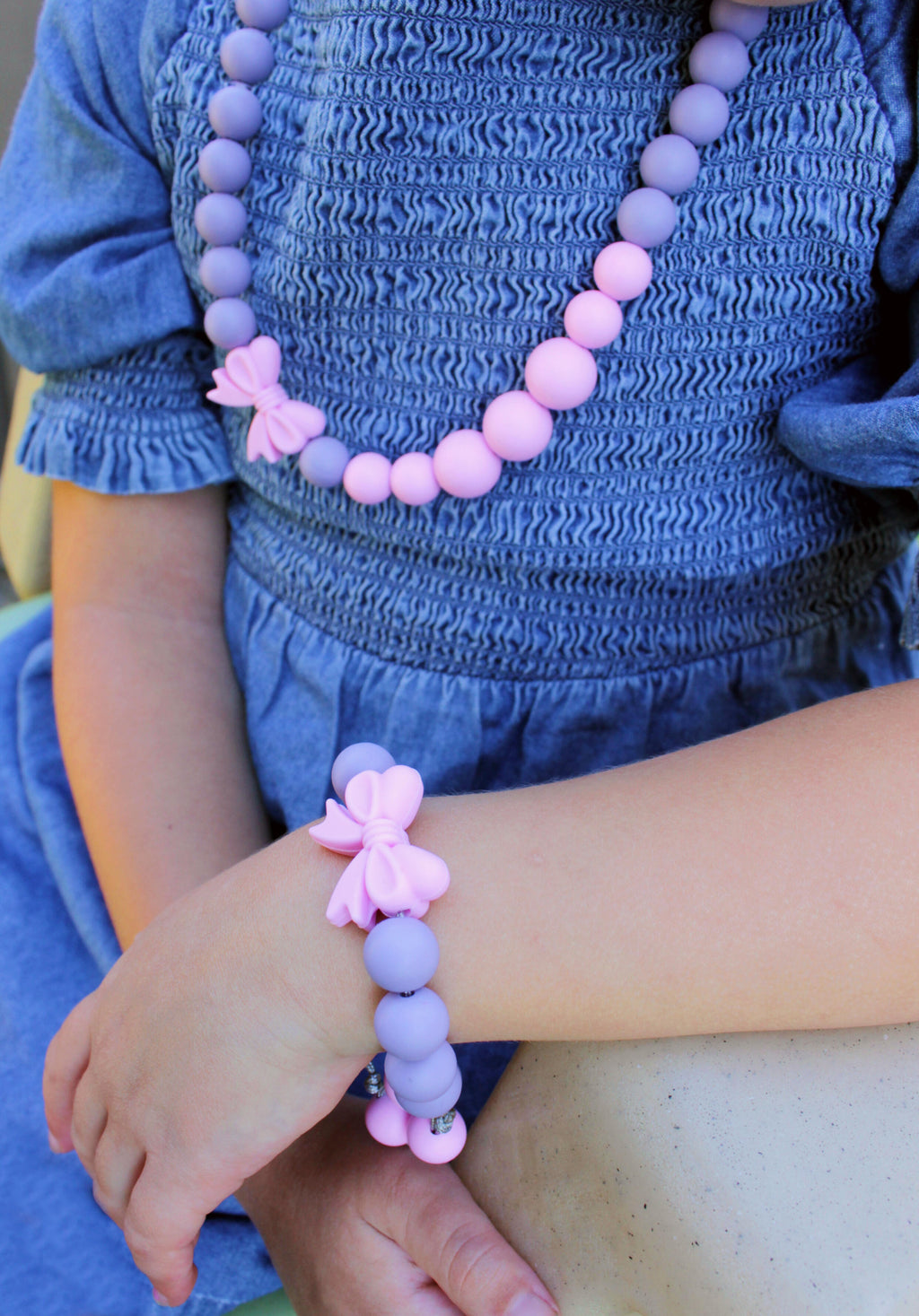 Kids Bow Necklace and Bracelet made from Silicone Beads for Dress Up or Pretend Play