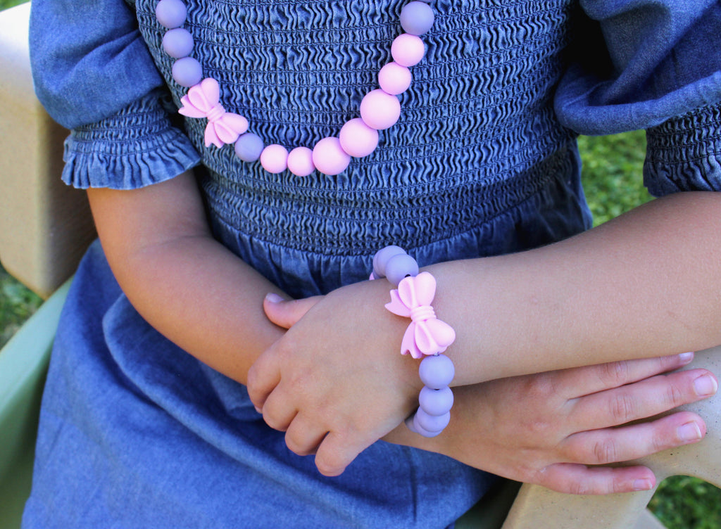 Kids Bow Necklace and Bracelet made from Silicone Beads for Dress Up or Pretend Play