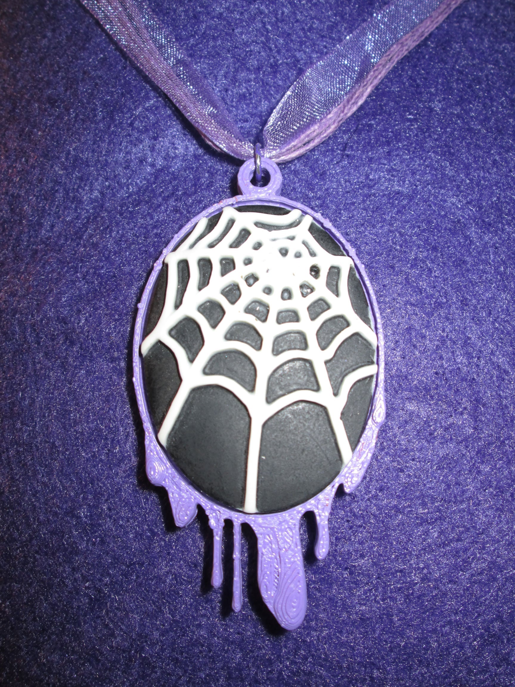 Lilac Dripping Black and White Spider Web Cameo Necklace