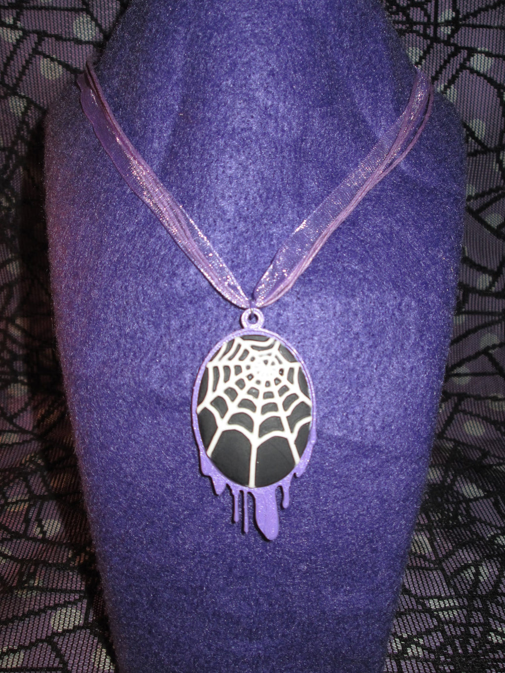Lilac Dripping Black and White Spider Web Cameo Necklace