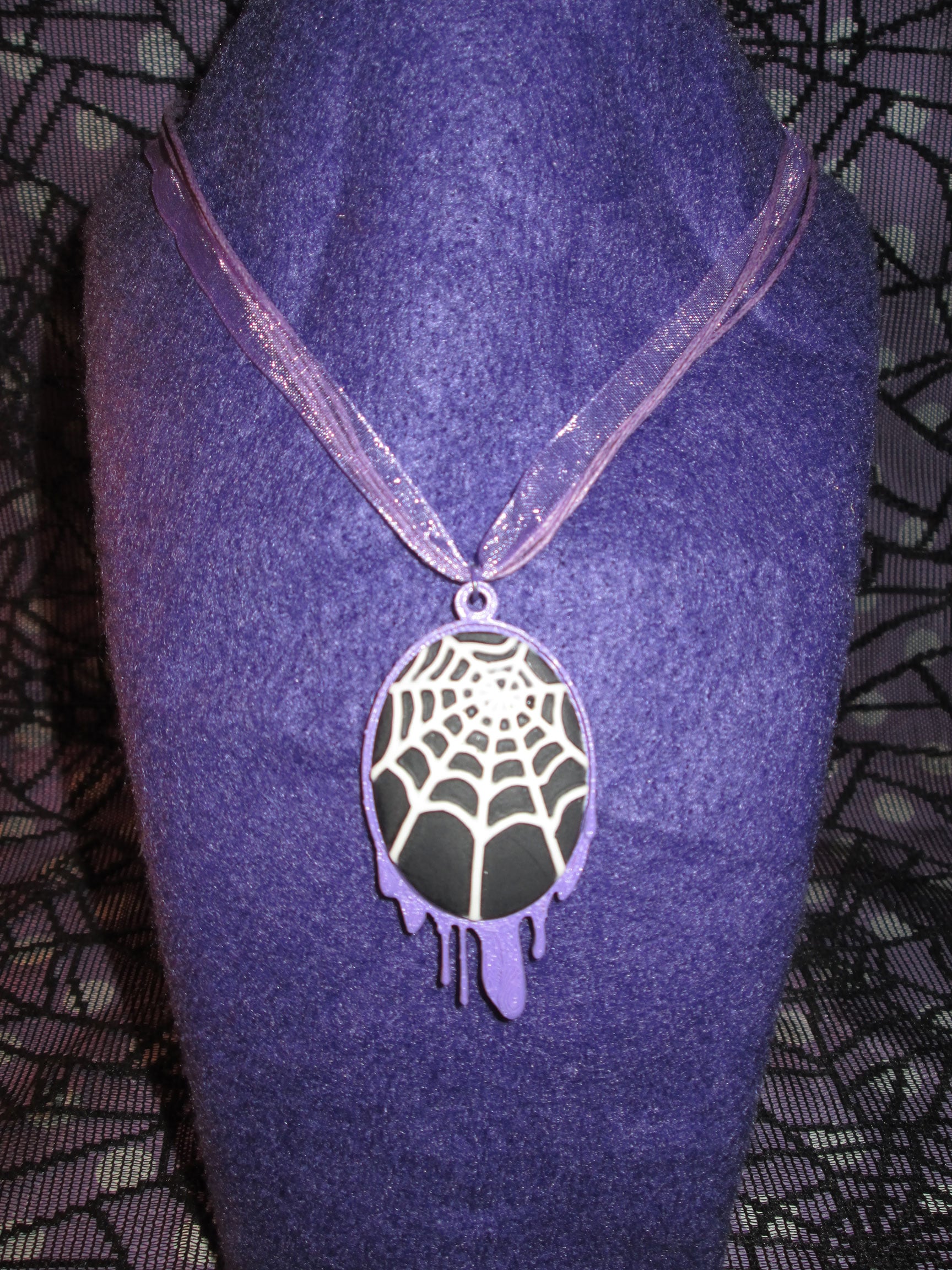 Lilac Dripping Black and White Spider Web Cameo Necklace