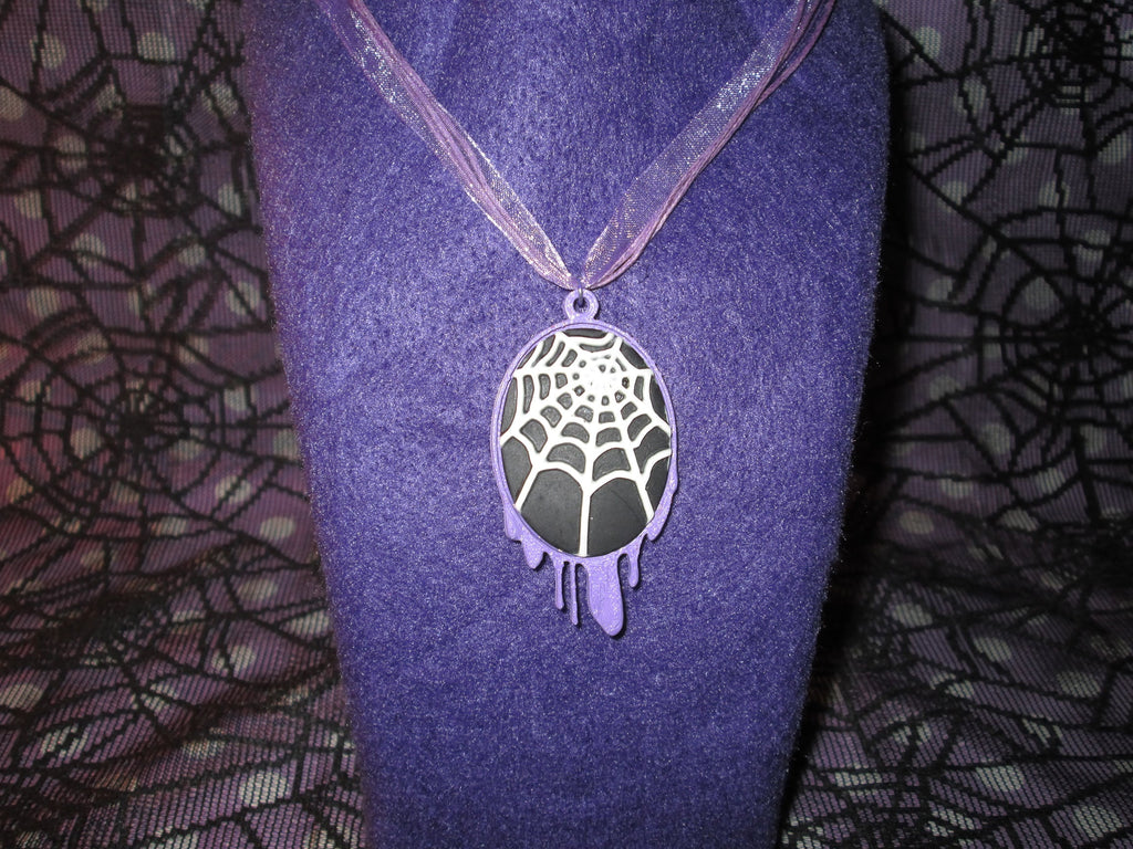 Lilac Dripping Black and White Spider Web Cameo Necklace