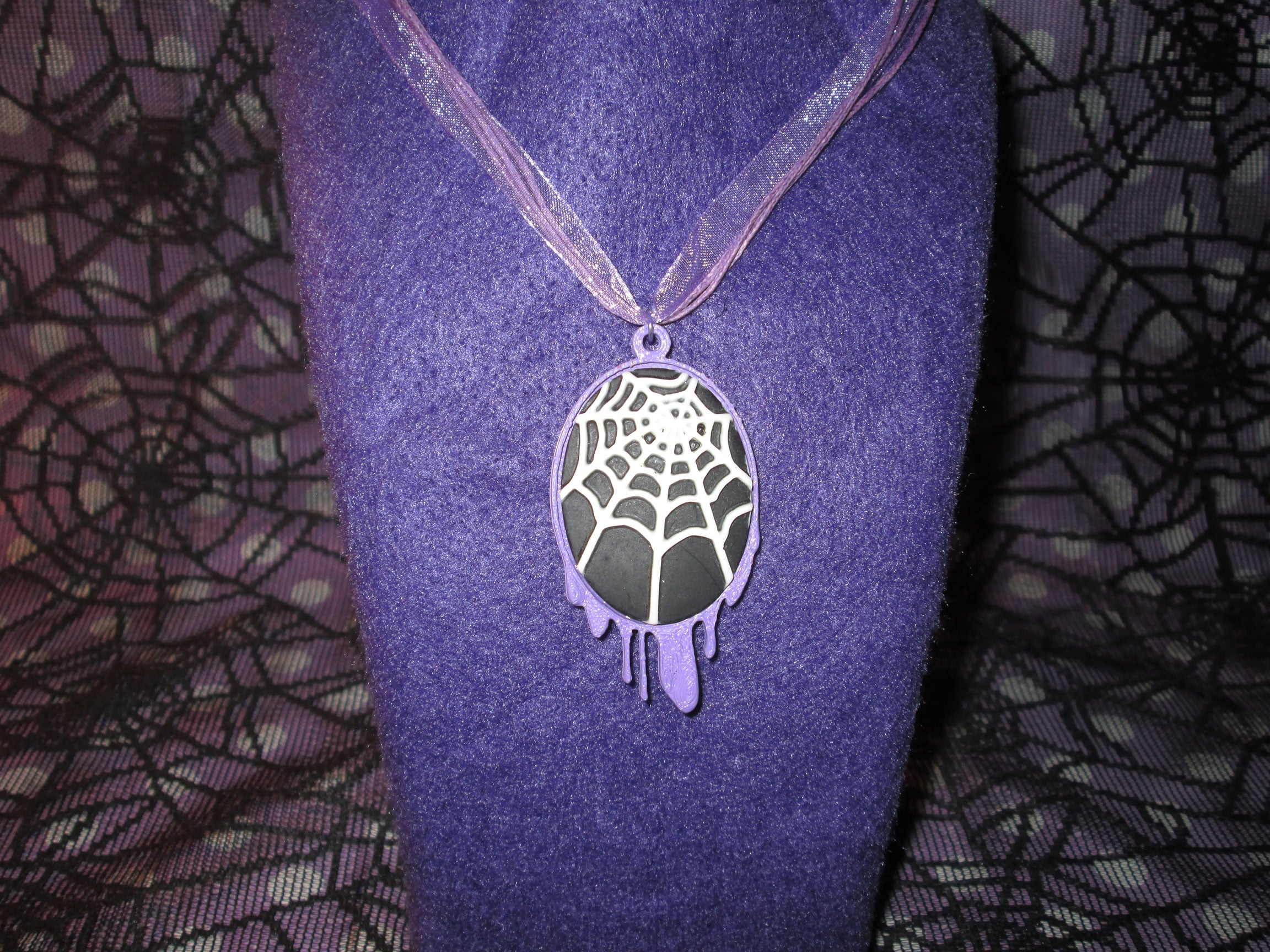 Lilac Dripping Black and White Spider Web Cameo Necklace