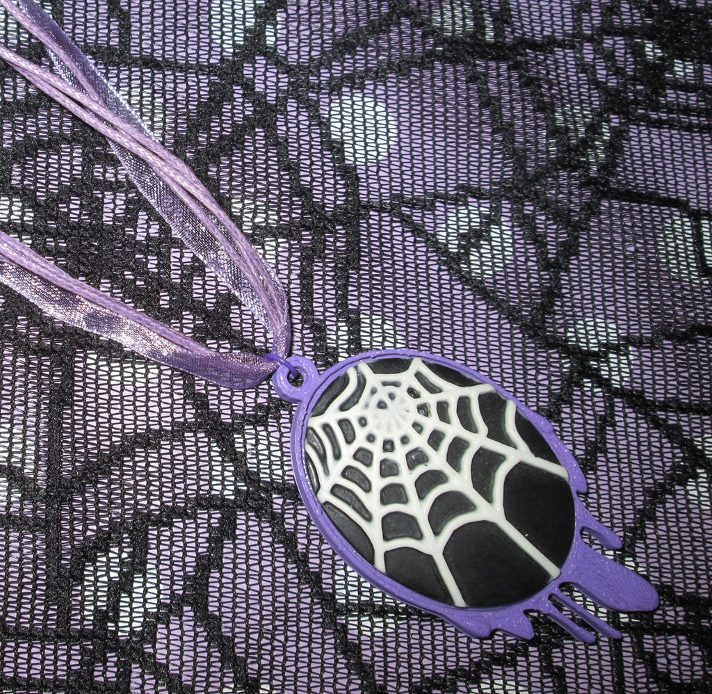 Lilac Dripping Black and White Spider Web Cameo Necklace