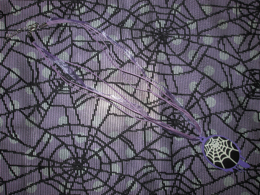 Lilac Dripping Black and White Spider Web Cameo Necklace