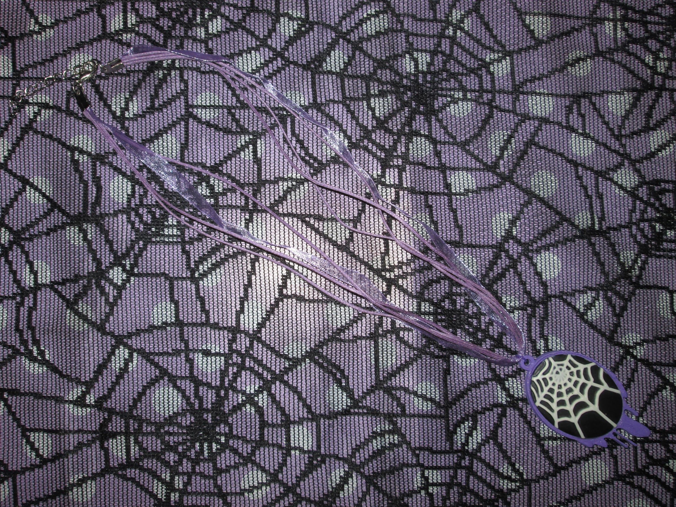 Lilac Dripping Black and White Spider Web Cameo Necklace