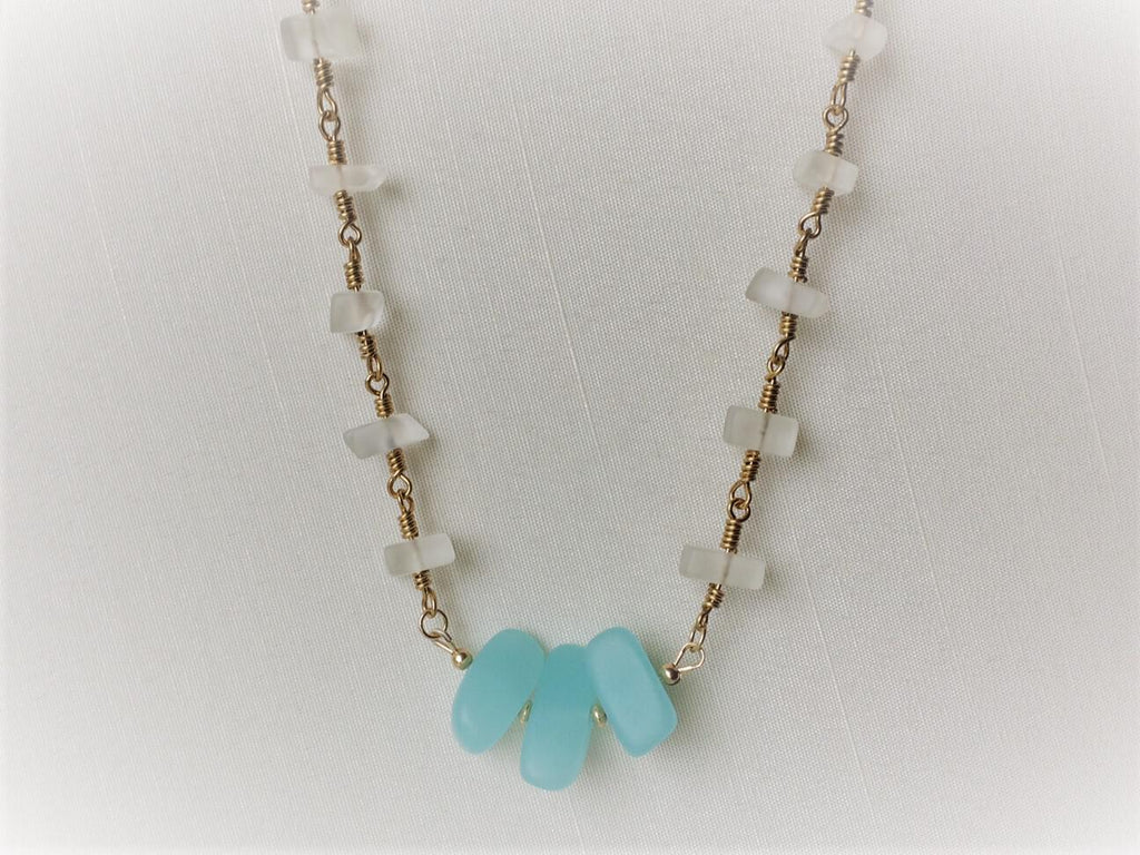 Aqua and white wire wrapped necklace