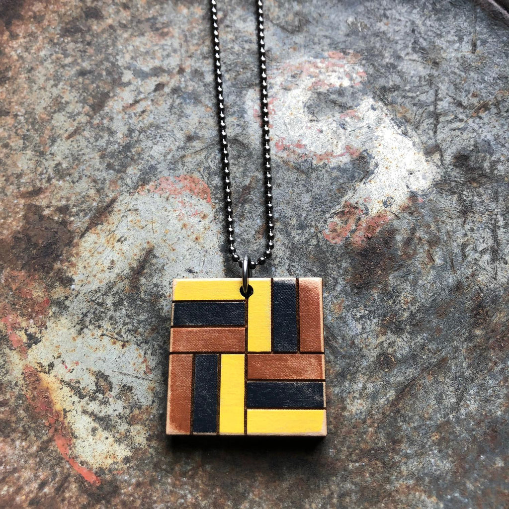 Basket Weave Quilt Block Pendant Necklace Brown Black and Yellow Mosaic