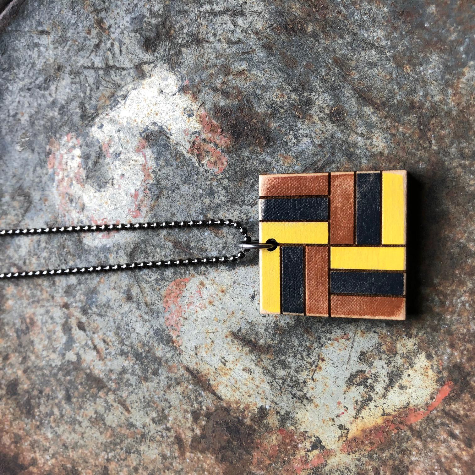 Basket Weave Quilt Block Pendant Necklace Brown Black and Yellow Mosaic