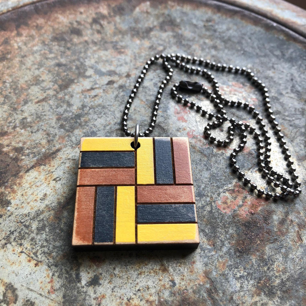 Basket Weave Quilt Block Pendant Necklace Brown Black and Yellow Mosaic