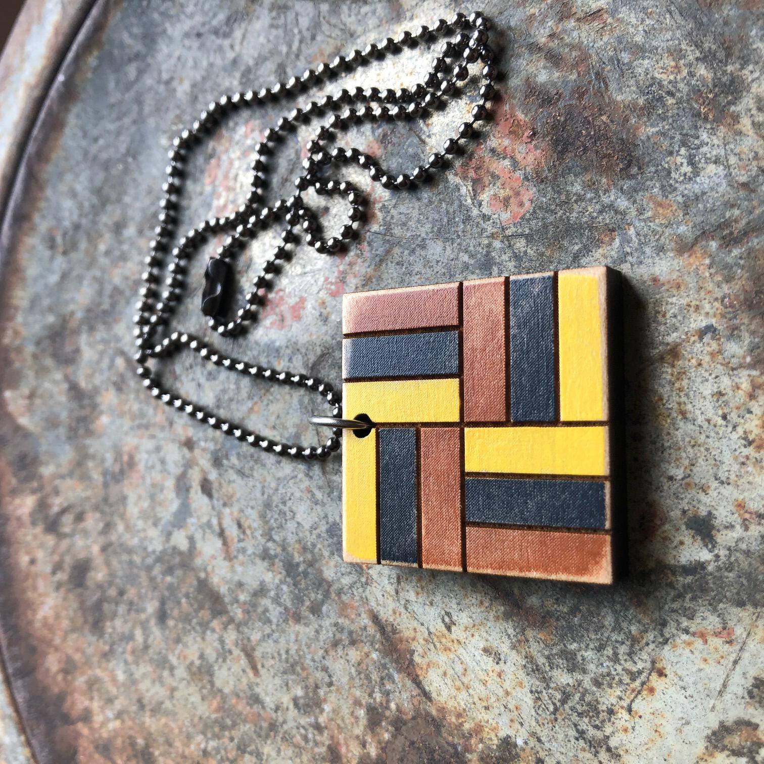 Basket Weave Quilt Block Pendant Necklace Brown Black and Yellow Mosaic