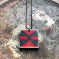 Bat Wing Quilt Block Pendant Necklace Brown Black and Red Mosaic