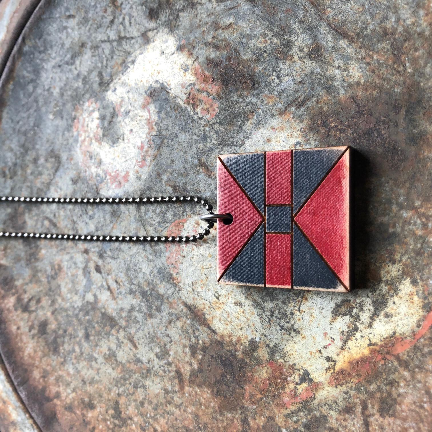 Bat Wing Quilt Block Pendant Necklace Brown Black and Red Mosaic