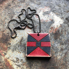 Bat Wing Quilt Block Pendant Necklace Brown Black and Red Mosaic