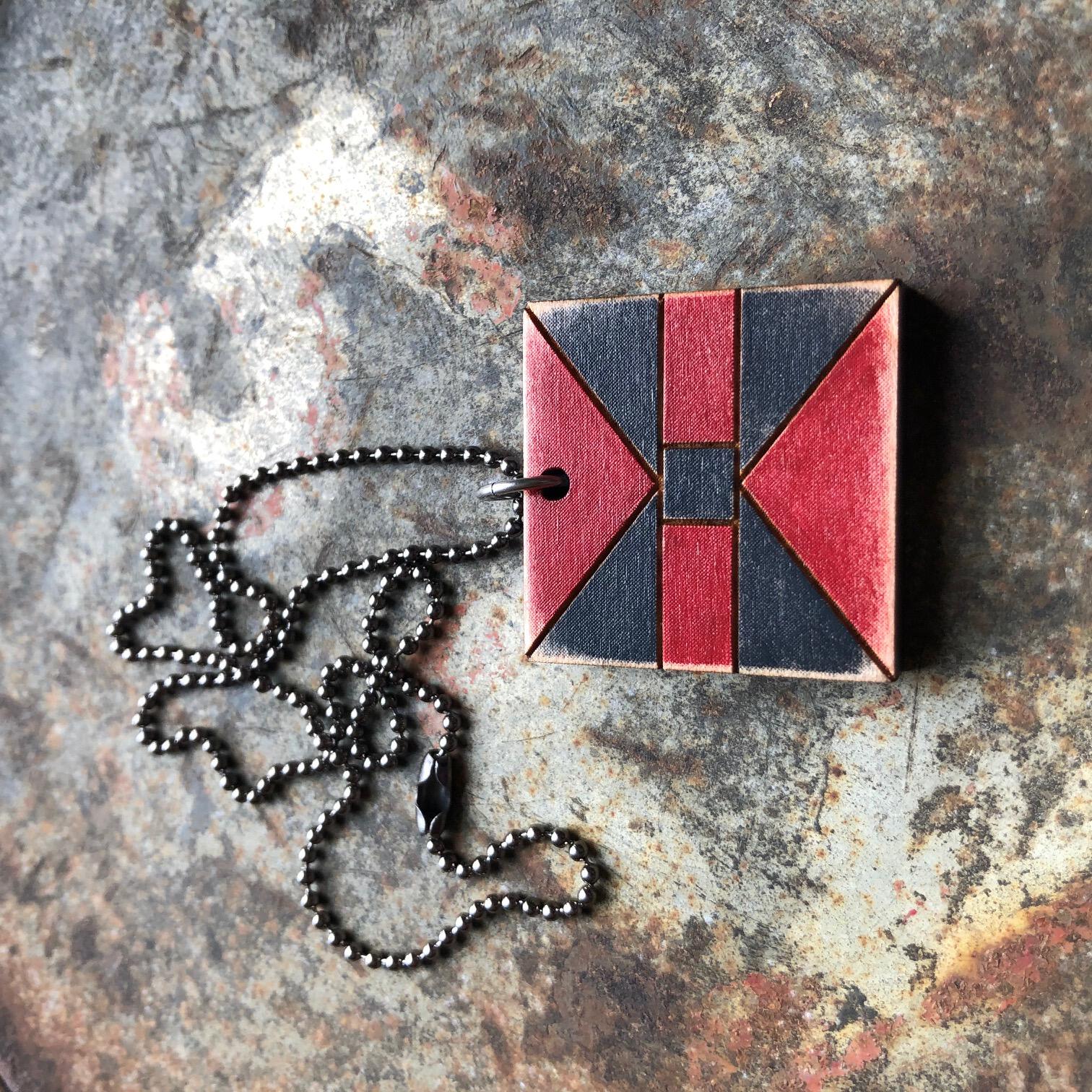 Bat Wing Quilt Block Pendant Necklace Brown Black and Red Mosaic