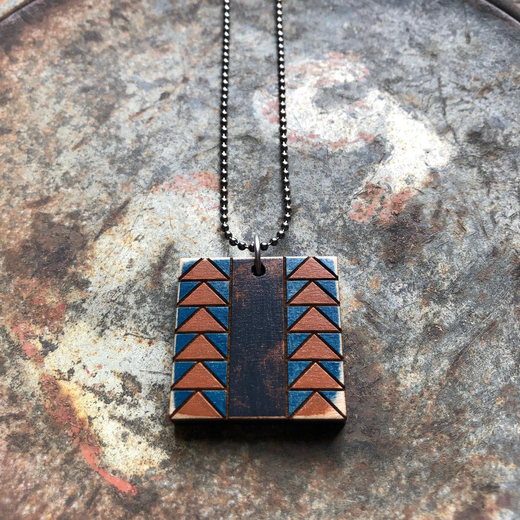 Wild Goose Chase Quilt Block Pendant Necklace Blue Brown and Black Mosaic