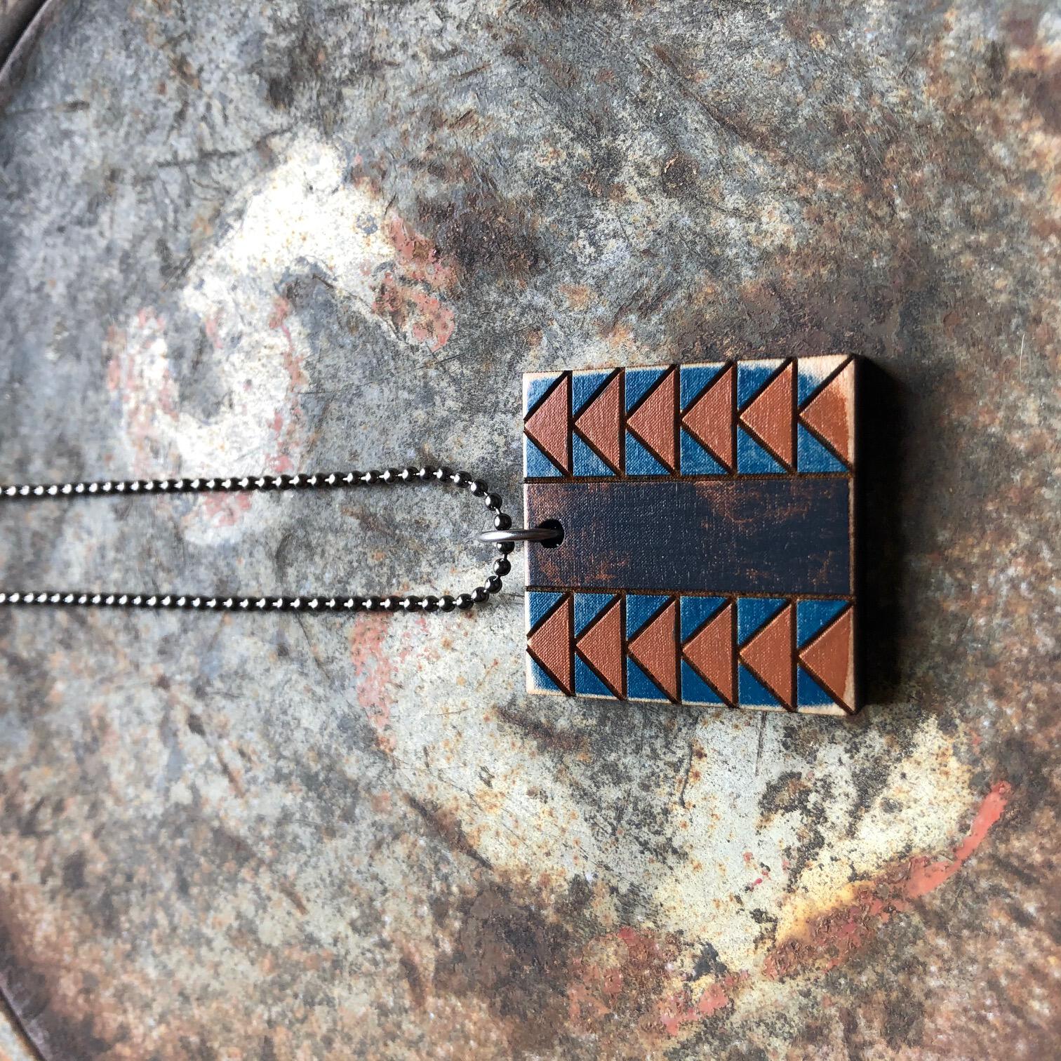 Wild Goose Chase Quilt Block Pendant Necklace Blue Brown and Black Mosaic