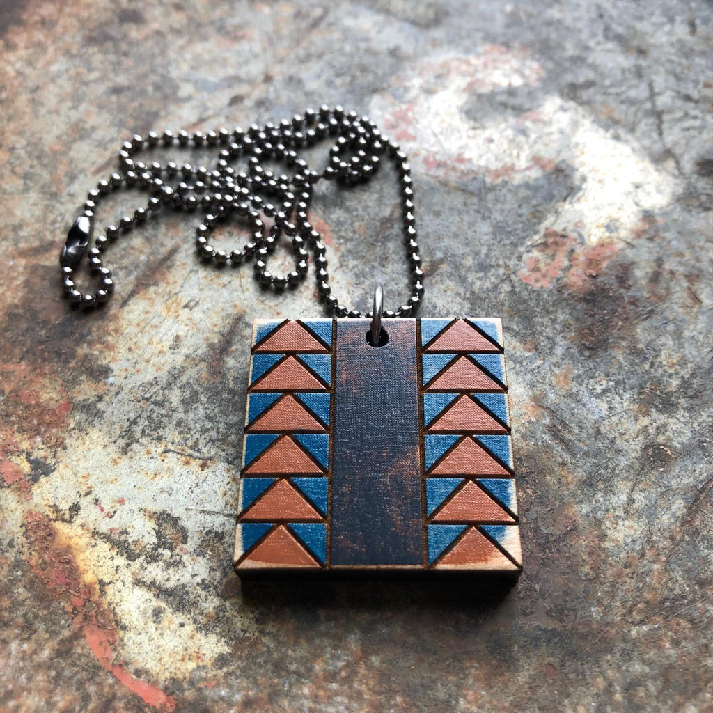 Wild Goose Chase Quilt Block Pendant Necklace Blue Brown and Black Mosaic
