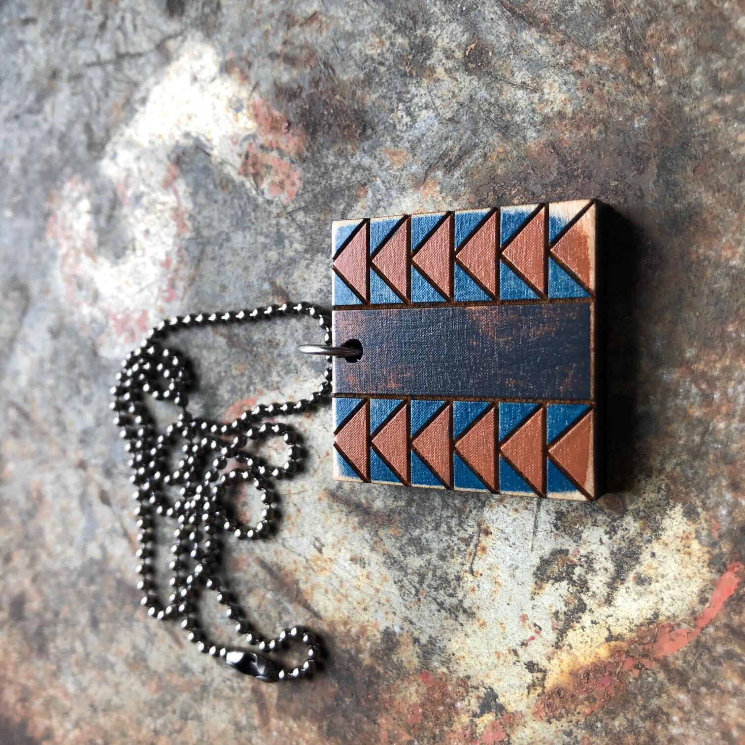 Wild Goose Chase Quilt Block Pendant Necklace Blue Brown and Black Mosaic