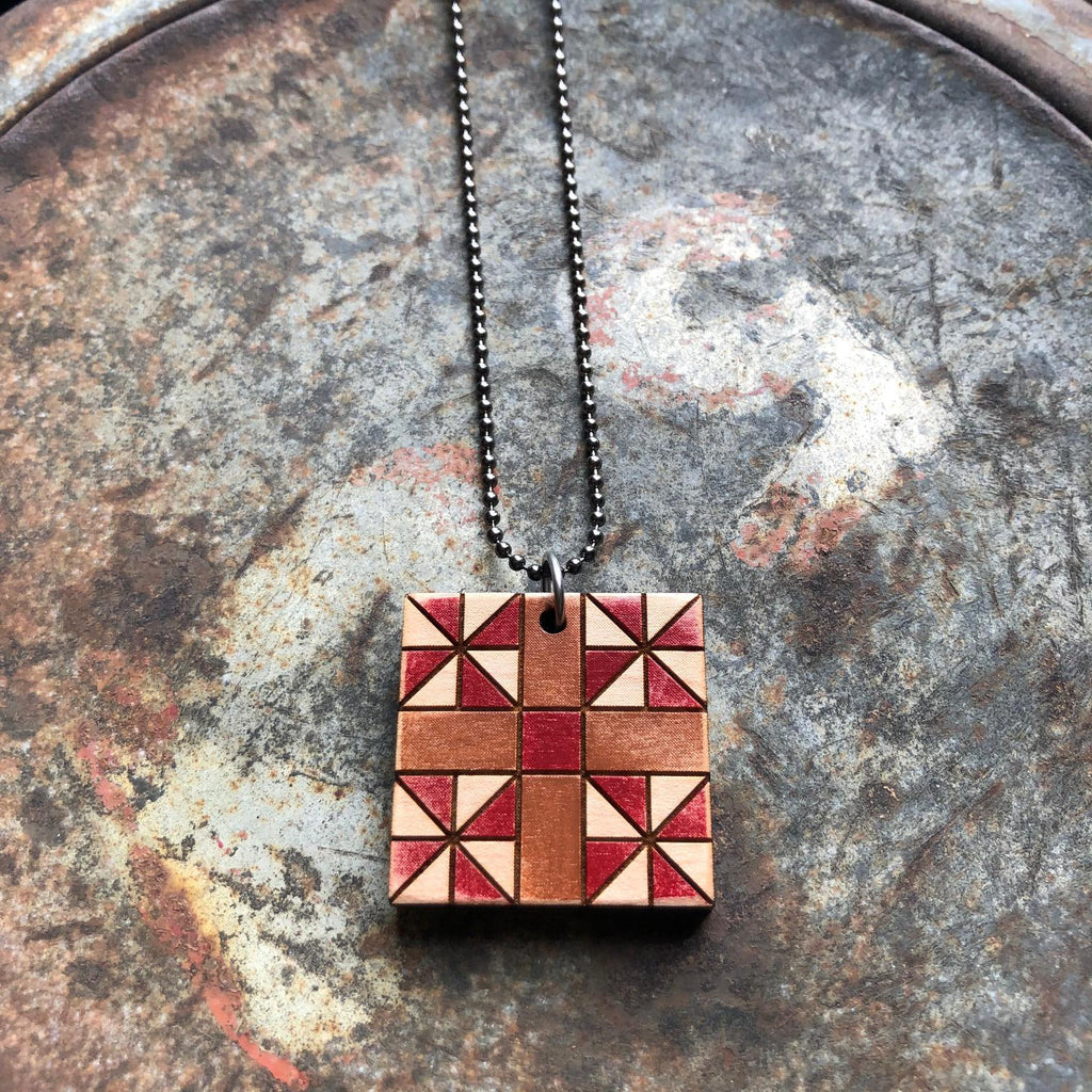 Honey's Choice Quilt Block Pendant Necklace Red and Brown Mosaic