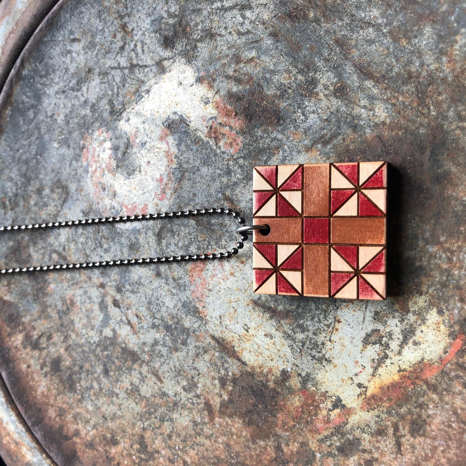 Honey's Choice Quilt Block Pendant Necklace Red and Brown Mosaic