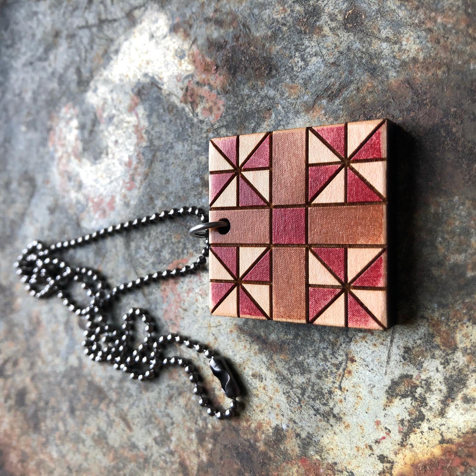 Honey's Choice Quilt Block Pendant Necklace Red and Brown Mosaic