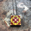 Wedding Ring Quilt Block Pendant Necklace Red and Yellow Mosaic