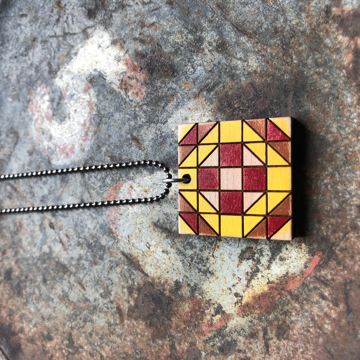 Wedding Ring Quilt Block Pendant Necklace Red and Yellow Mosaic