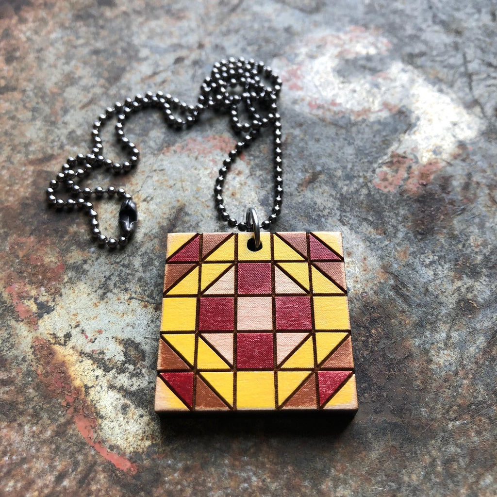 Wedding Ring Quilt Block Pendant Necklace Red and Yellow Mosaic