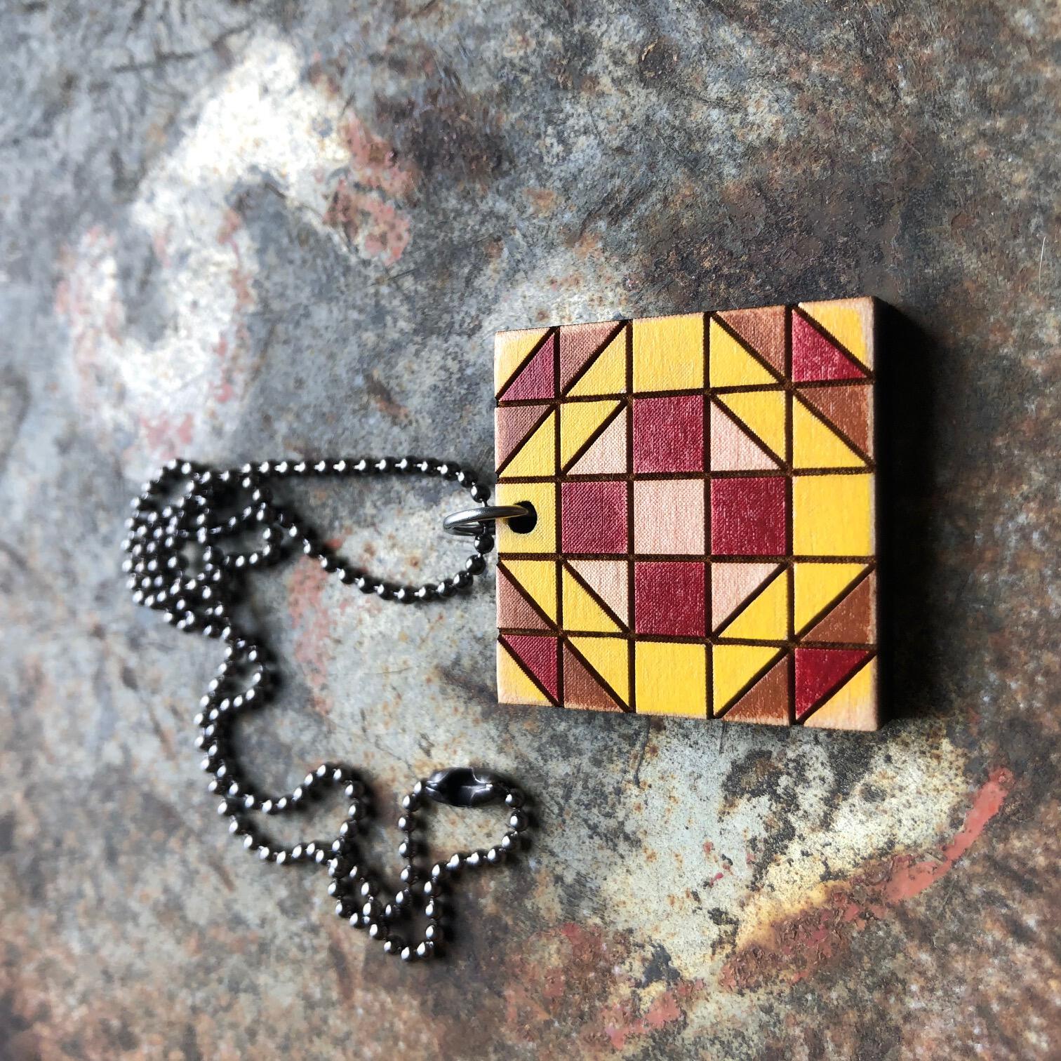 Wedding Ring Quilt Block Pendant Necklace Red and Yellow Mosaic