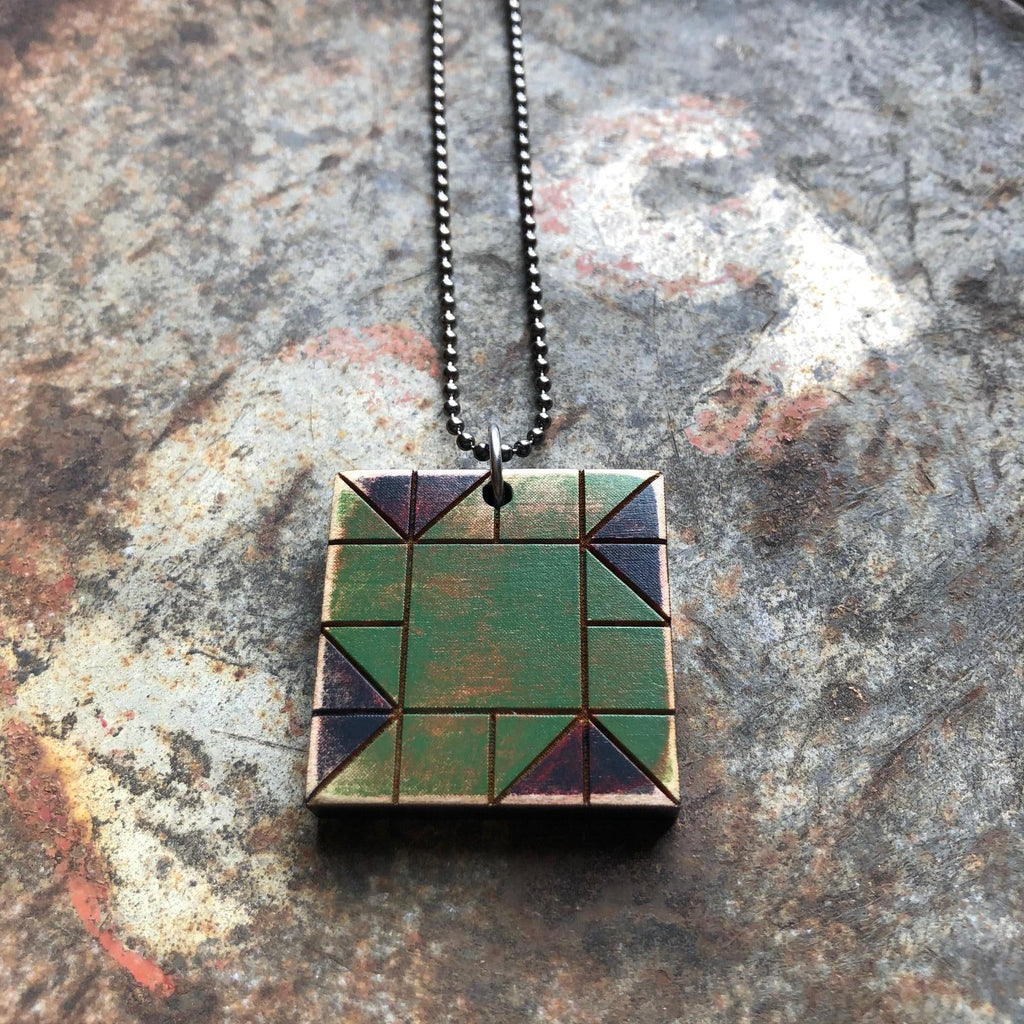 Whirlwind Quilt Block Pendant Necklace Blue and Green Mosaic