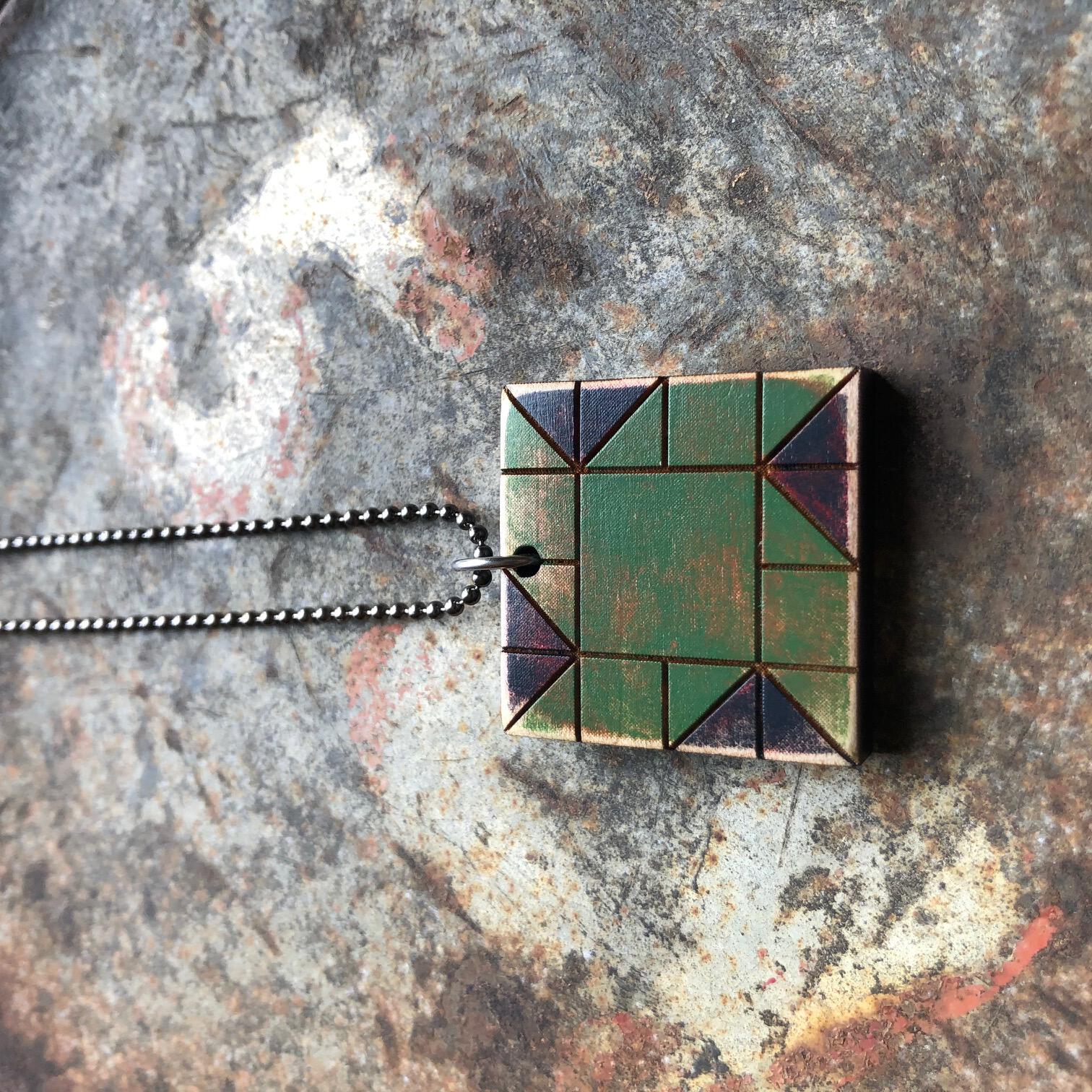 Whirlwind Quilt Block Pendant Necklace Blue and Green Mosaic