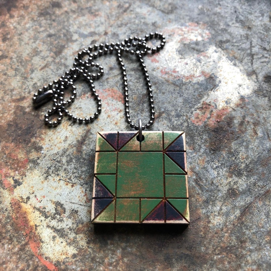 Whirlwind Quilt Block Pendant Necklace Blue and Green Mosaic