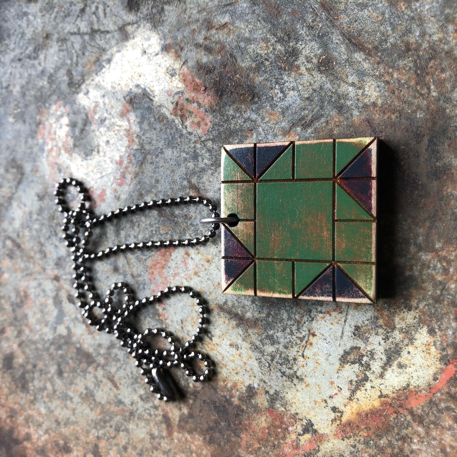 Whirlwind Quilt Block Pendant Necklace Blue and Green Mosaic