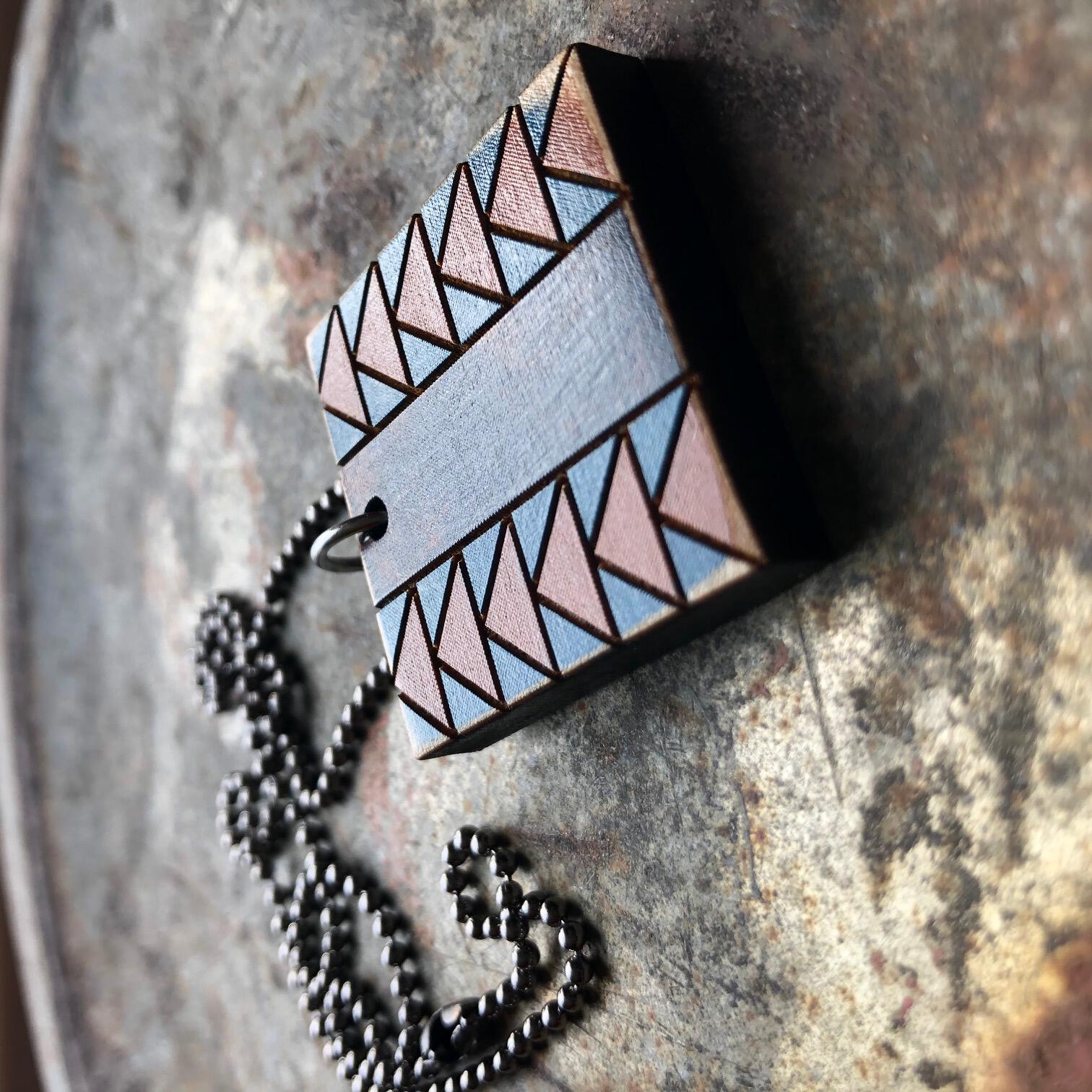 Wild Goose Chase Quilt Block Pendant Necklace Blue Brown and Black Mosaic