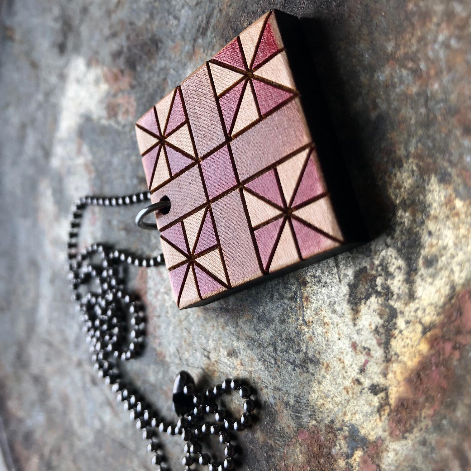 Honey's Choice Quilt Block Pendant Necklace Red and Brown Mosaic