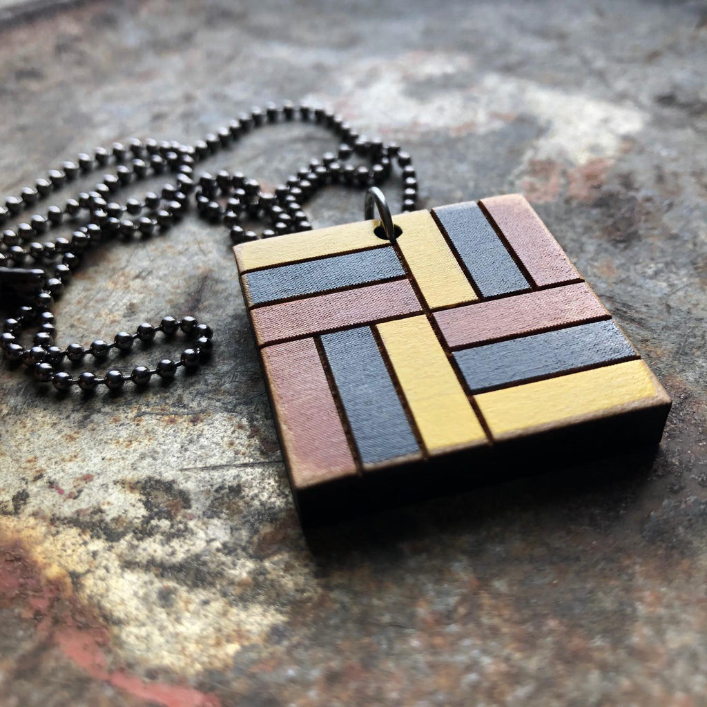 Basket Weave Quilt Block Pendant Necklace Brown Black and Yellow Mosaic