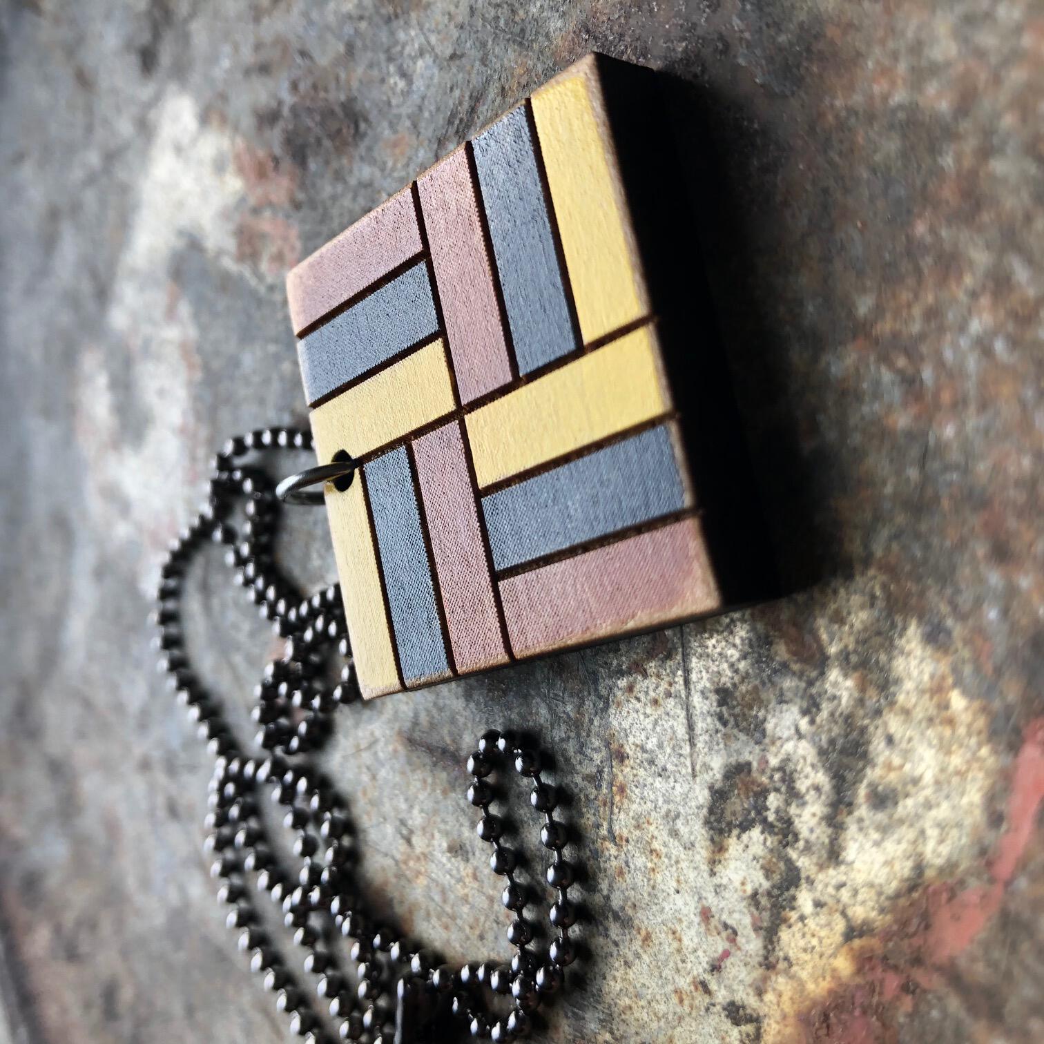 Basket Weave Quilt Block Pendant Necklace Brown Black and Yellow Mosaic