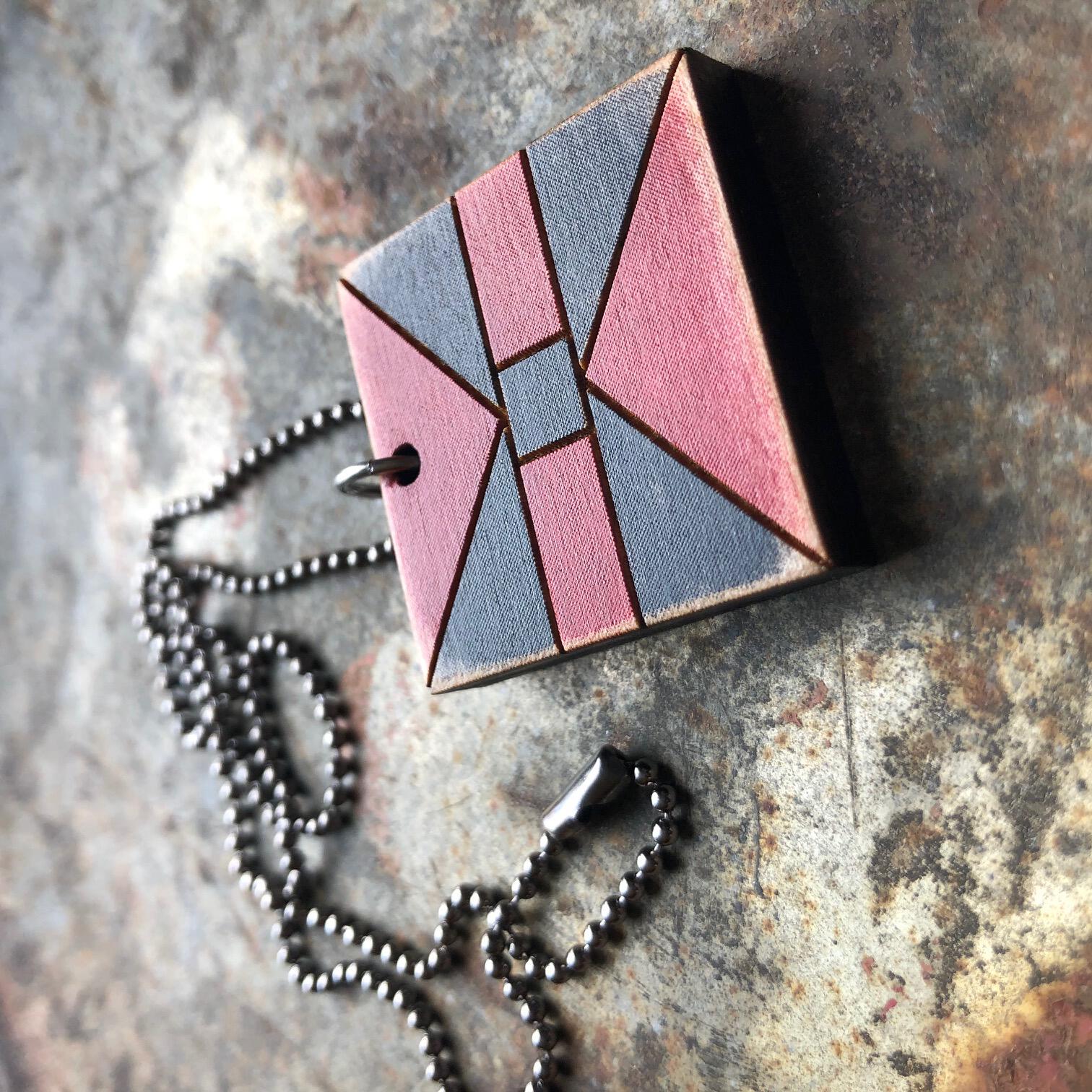 Bat Wing Quilt Block Pendant Necklace Brown Black and Red Mosaic