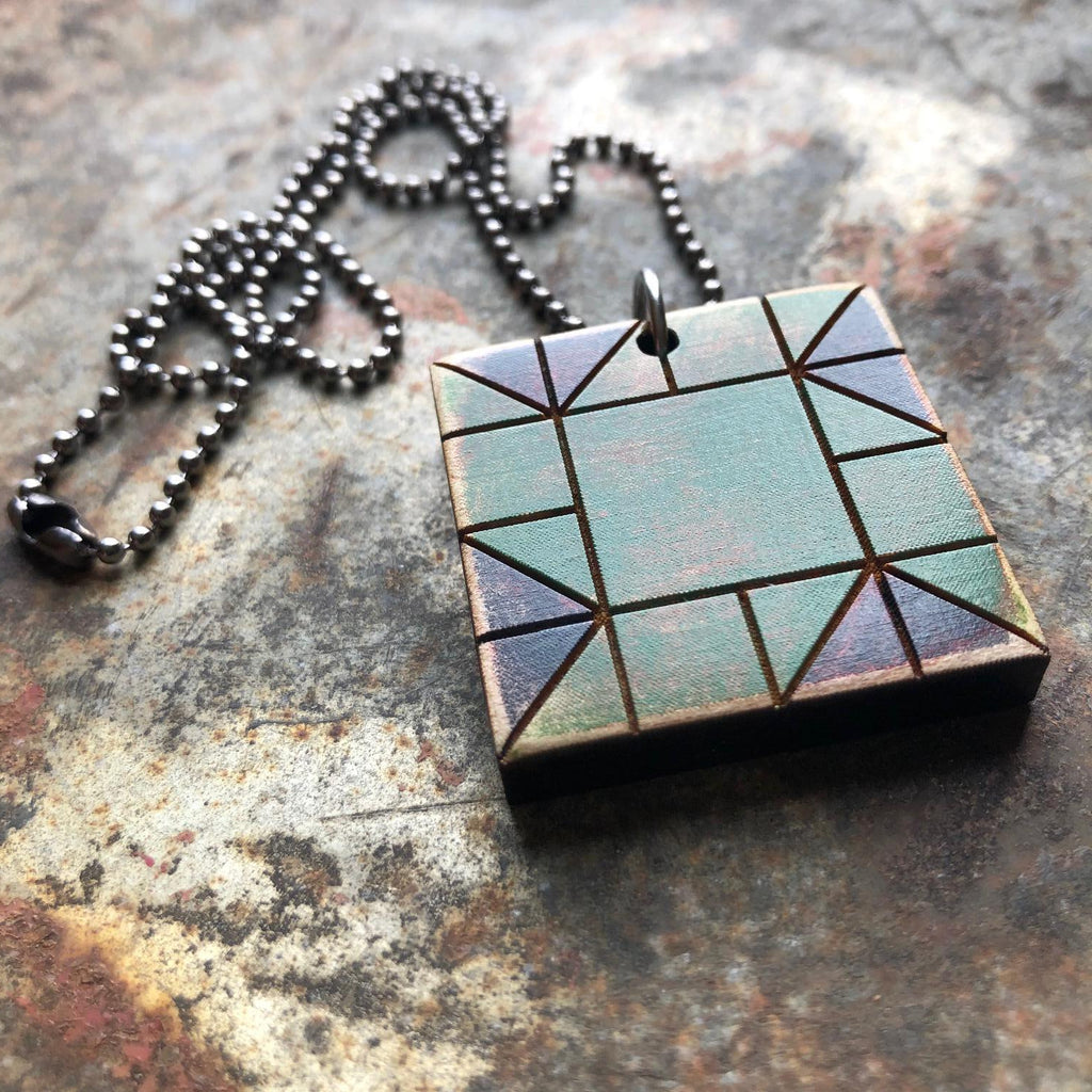 Whirlwind Quilt Block Pendant Necklace Blue and Green Mosaic