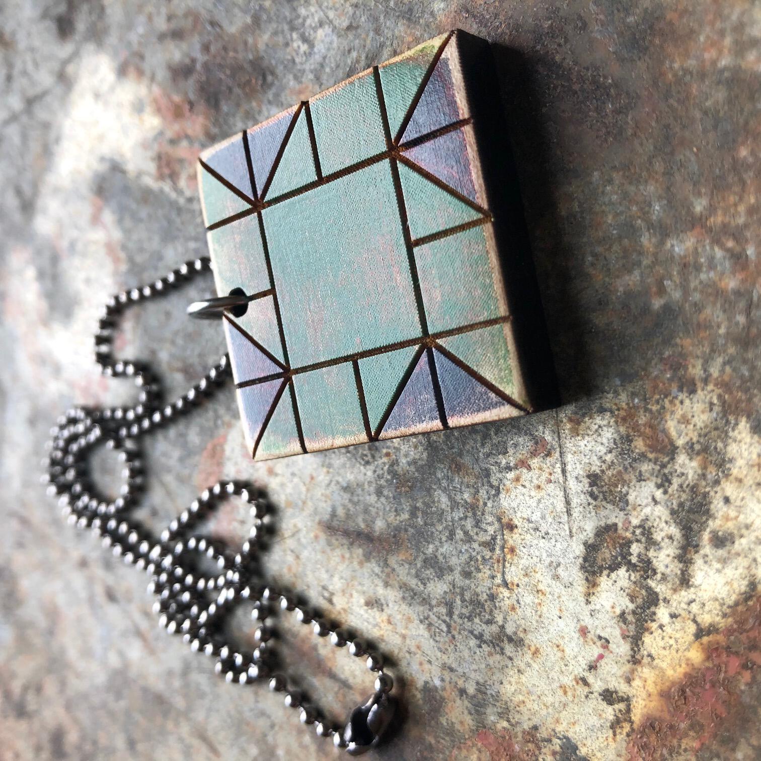 Whirlwind Quilt Block Pendant Necklace Blue and Green Mosaic