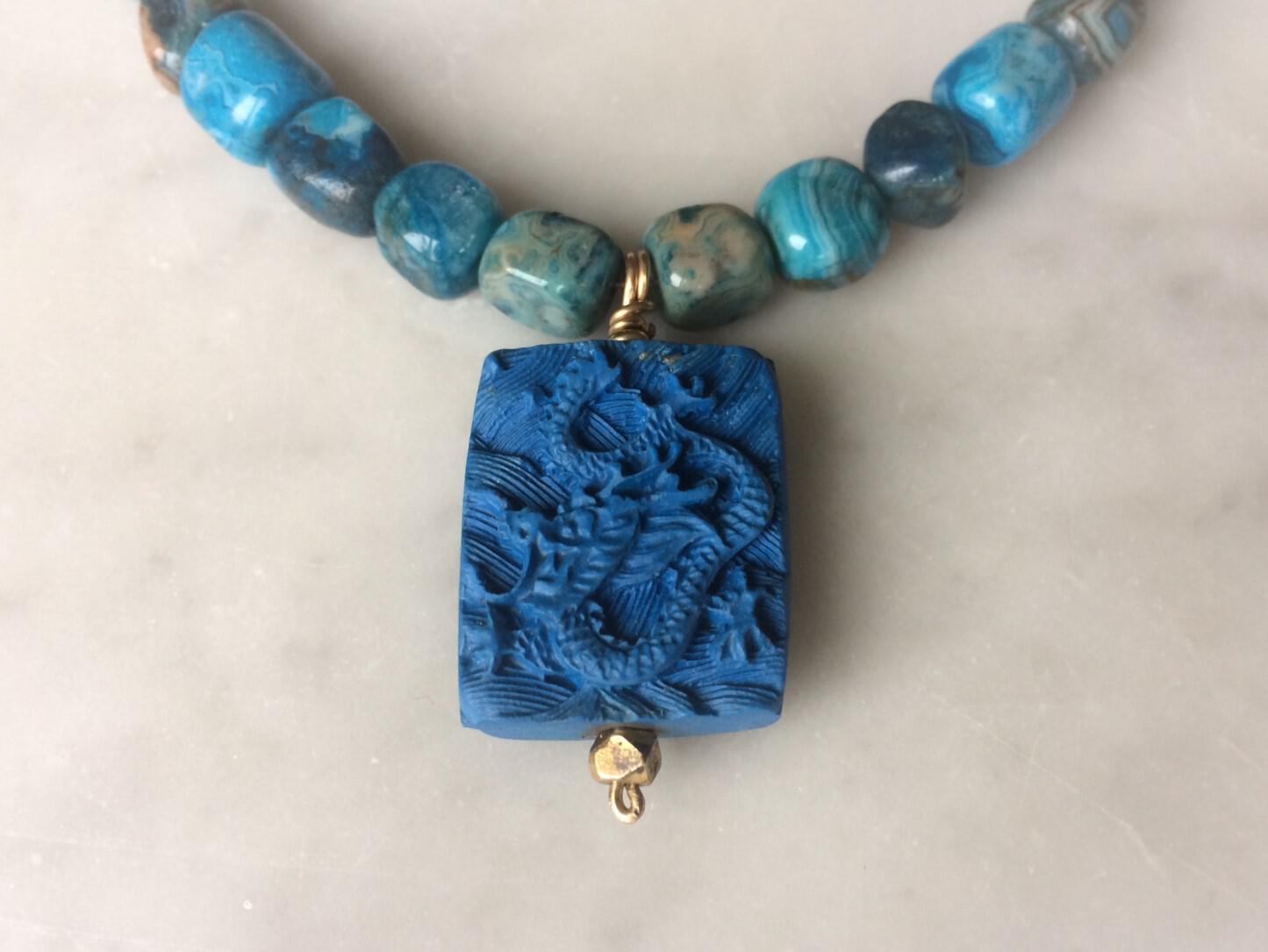 Blue dragon pendant with kyanite beads