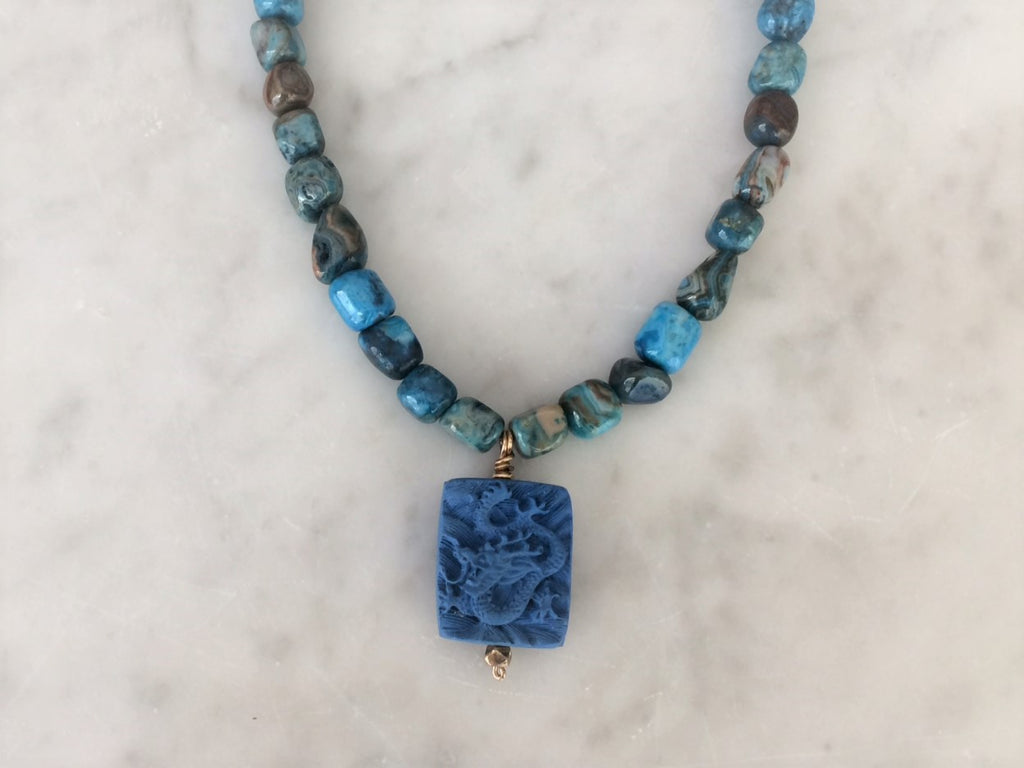 Blue dragon pendant with kyanite beads