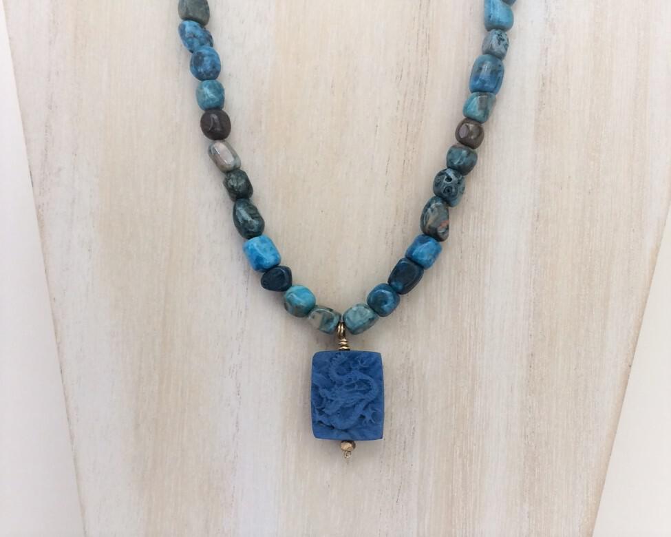 Blue dragon pendant with kyanite beads